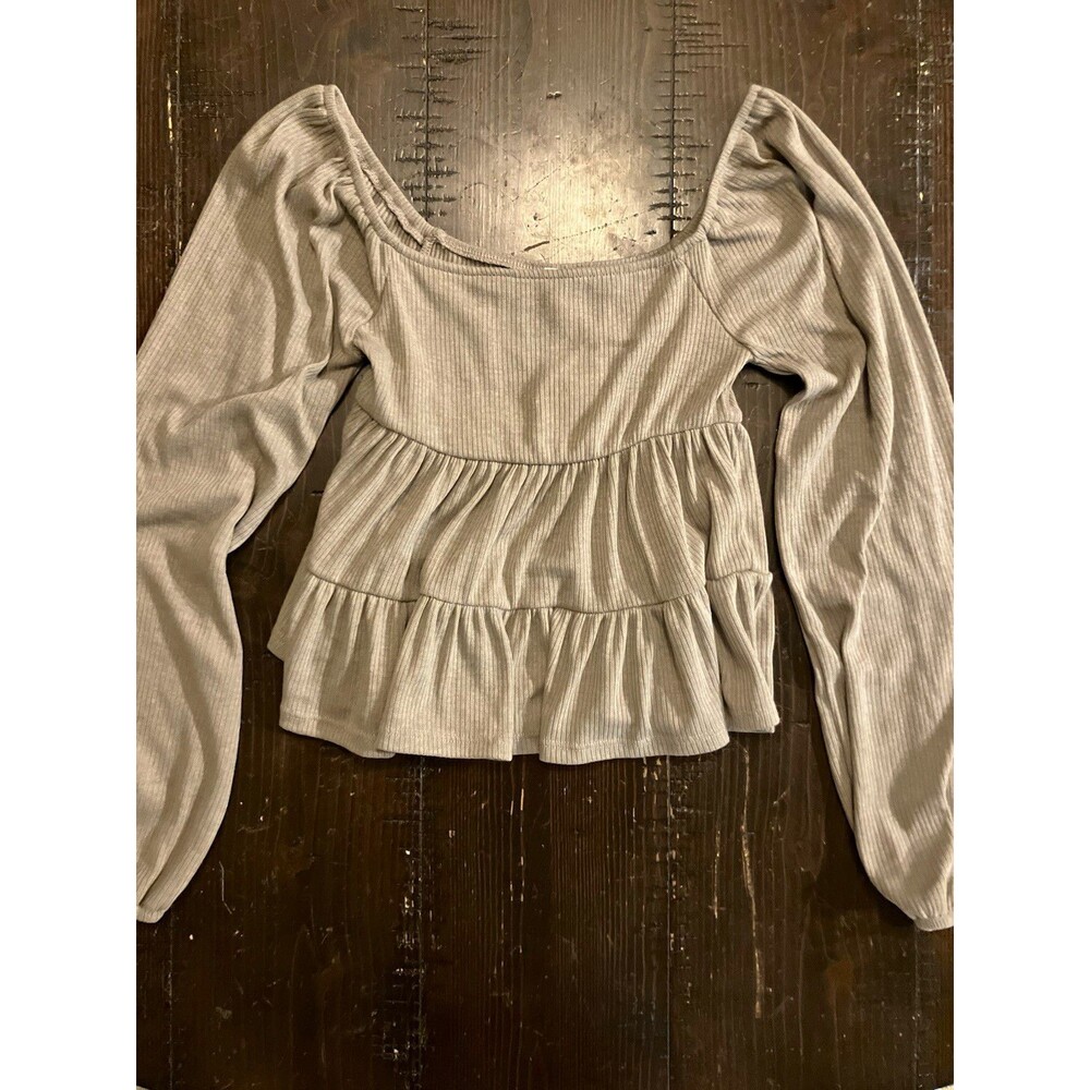 Women's Altar'd State Beige Solid Knit Rayon Square Neck Ruffle Peplum XS